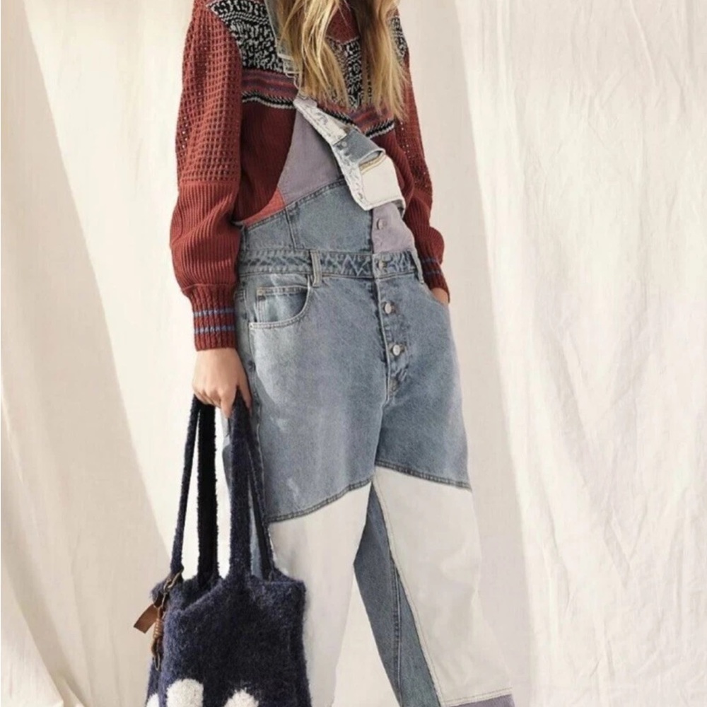Free People Two-Tone Denim Overalls in Light Blue and White